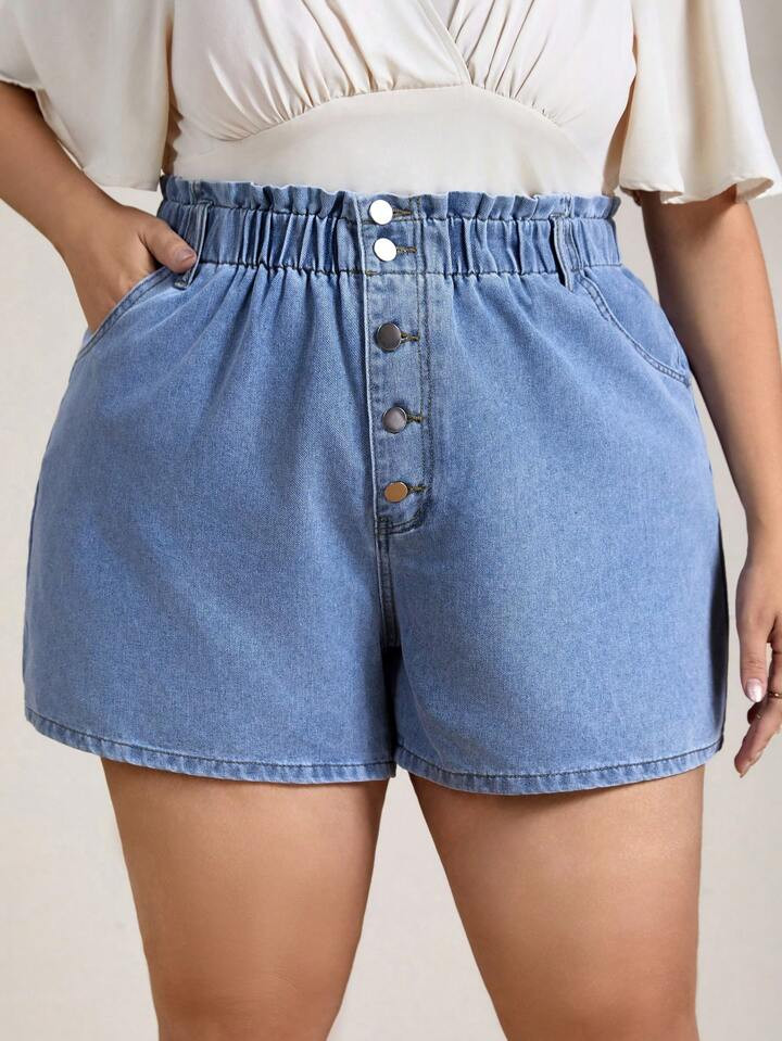 SHEIN CURVE+ Plus Size Single Breasted Simple Style Denim Shorts For Spring And Summer | SHEIN
