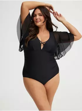 Wire-Free Mesh Sleeve One Piece Swimsuit | Torrid (US & Canada)