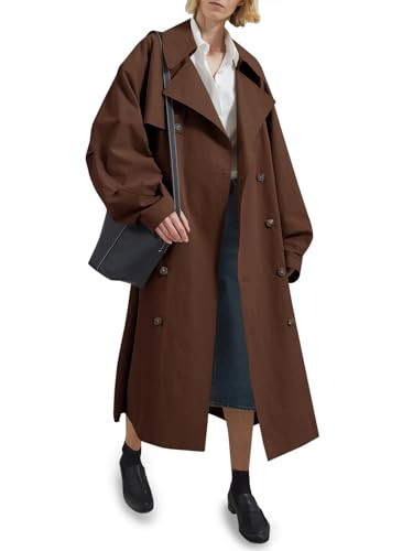 Tankaneo Womens Double Breasted Long Trench Coat Oversized Classic Lapel Belted Overcoat | Amazon (US)