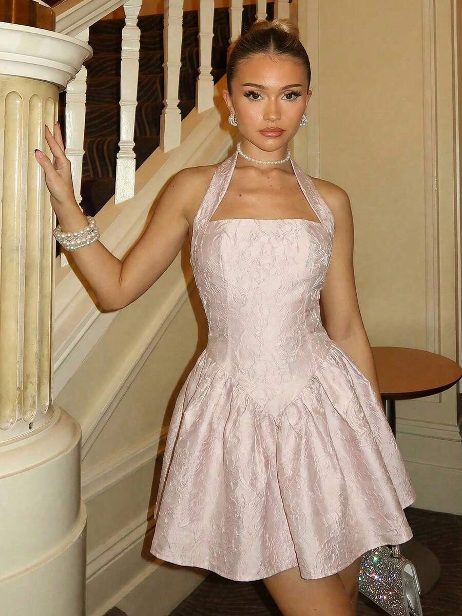 Glamine Charm Women's Elegant Solid Color Jacquard Halter Mini Dress Pink Halter Dress Pink Satin... | SHEIN