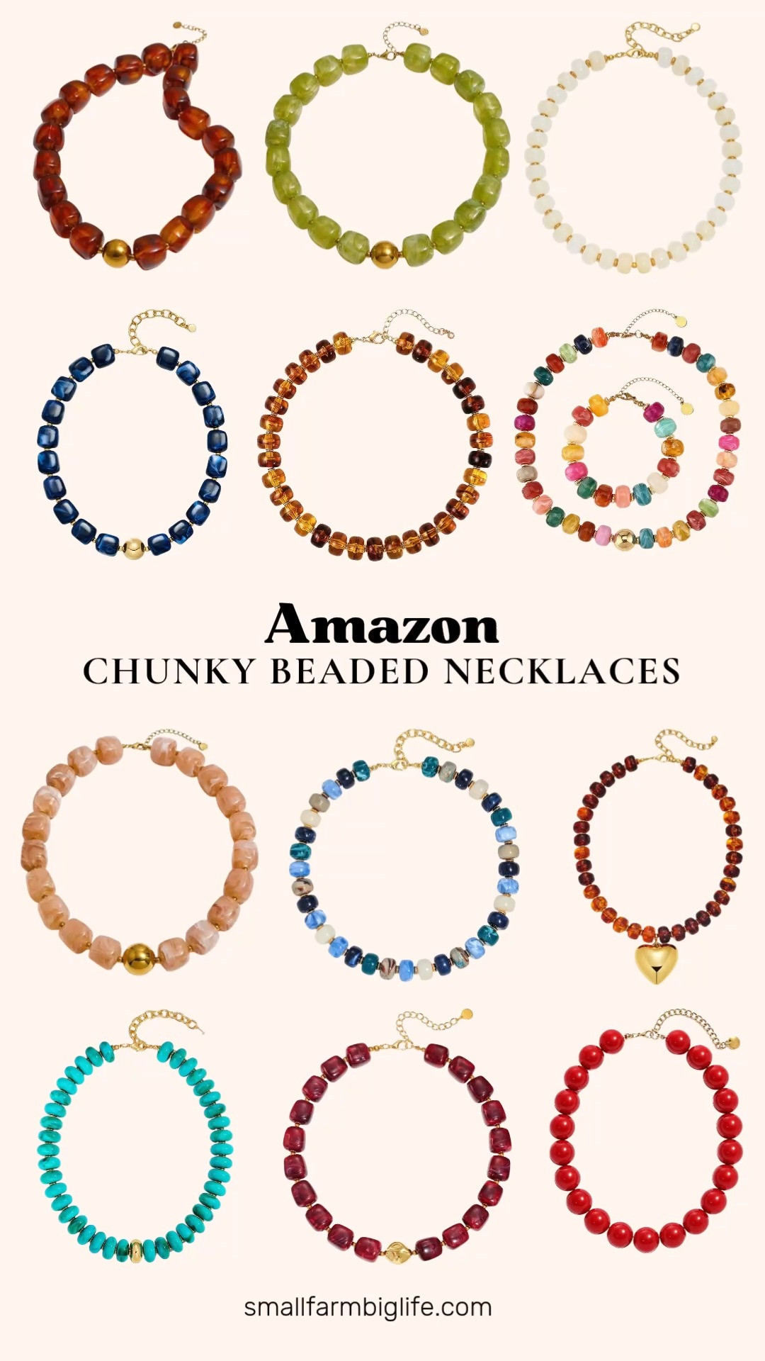 Chunky beaded necklaces have been one of my best performing accessories all summer, and this Amazon roundup is packed with colorful, boho statement options.
I am loving the beige and amber Mchic square acrylic beaded chokers, plus the amber SHERLOVE chunky resin statement necklace and the dark blue chunky resin beach necklace. The cream and gold LILIE&WHITE minimalist resin beaded necklace and the multi color resin statement necklace are both great everyday options, and the green Mchic square beaded choker is a fun pop of color.
The turquoise and burgundy chunky beaded chokers, the blue multi WOWORAMA square resin statement necklace, and the tortoiseshell gold heart necklace round out the boho jewelry picks, and the red chunky beaded collar necklace finishes the roundup with a bold, handmade statement piece.
Shop all of my favorite chunky beaded necklaces from Amazon linked in this post. 

 #LTKootd #LTKOver40 #LTKWorkwear