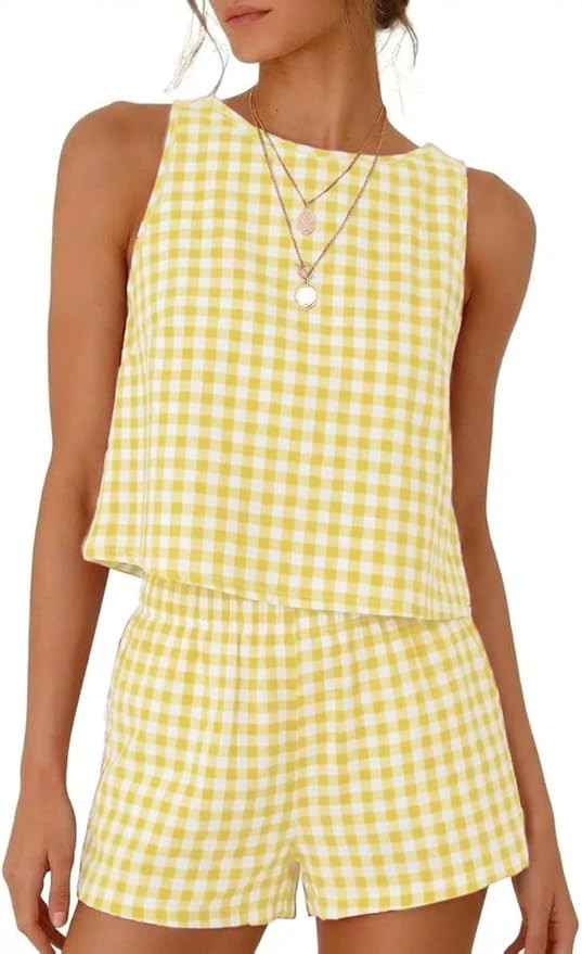 IDEALSANXUN Womens Two Piece Sets Summer Beach Spring Gingham Tank Tops and Plaid Shorts Pajama S... | Amazon (US)