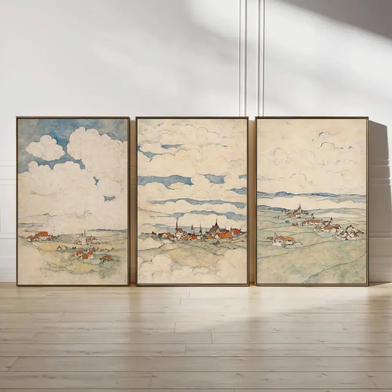 Framed Cloudscape Canvas Set of 3 Vintage Village Landscape Serene Wall Decor - Etsy | Etsy (Global)