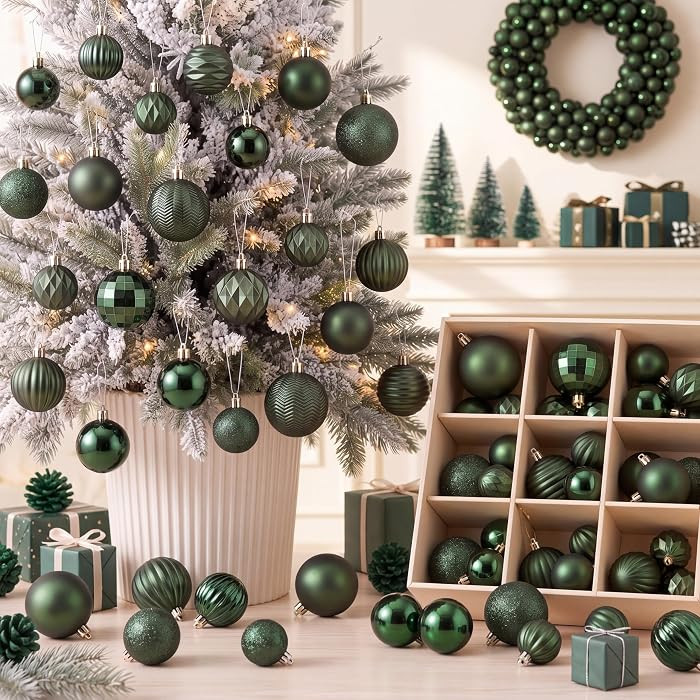 Lunmon 64 Pcs Dark Green Christmas Ball Ornaments Forest Green Xmas Baubles | Amazon (US)