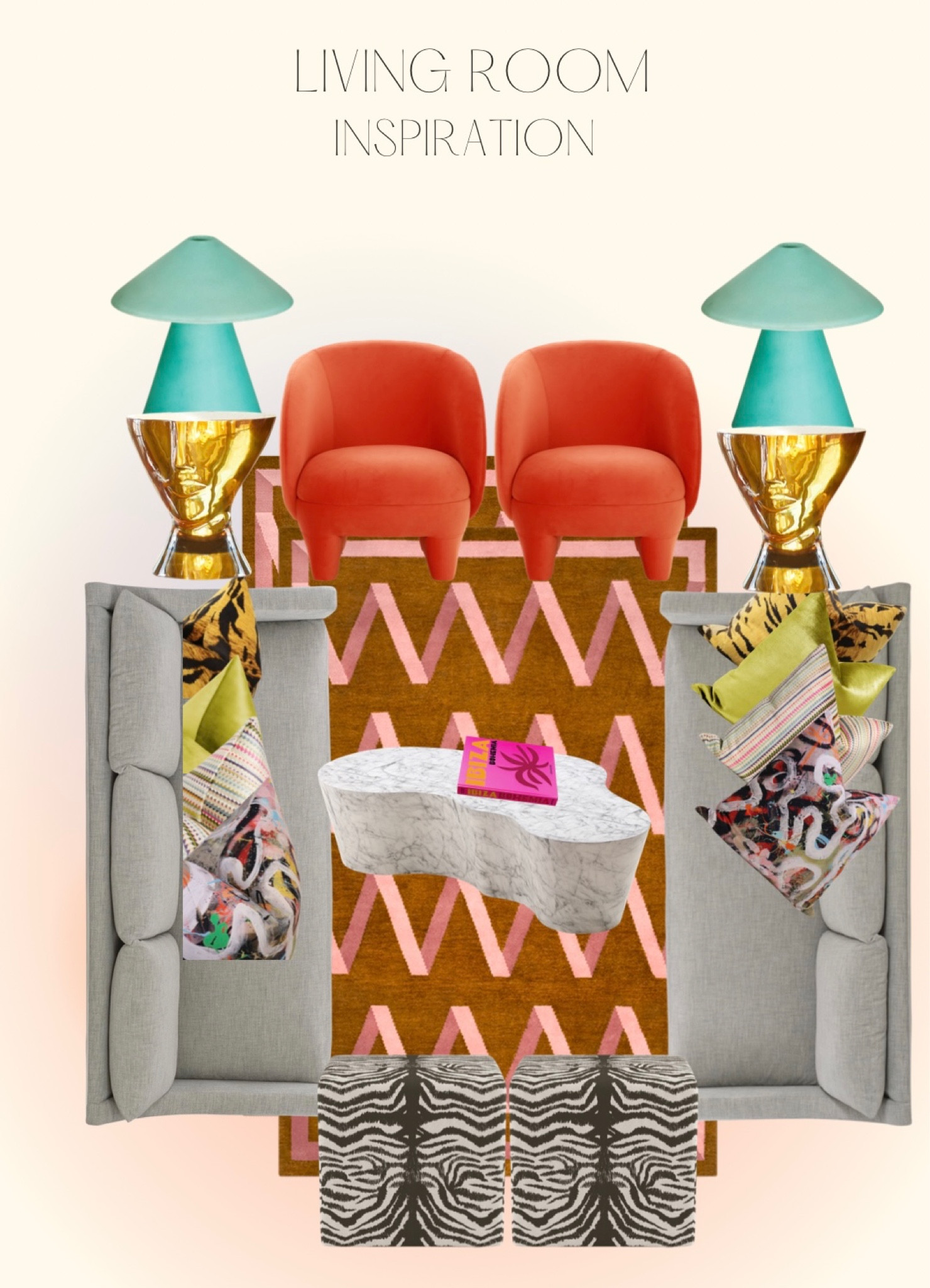 Lamps, accent chairs, area rug, bench sofa, coffee table, side table, throw pillows & more. #maximalist #homedecor #funkydesign

 Area Rug is from Nordic Knots & the lamps are Artemest 

#LTKFind #LTKhome #LTKGiftGuide