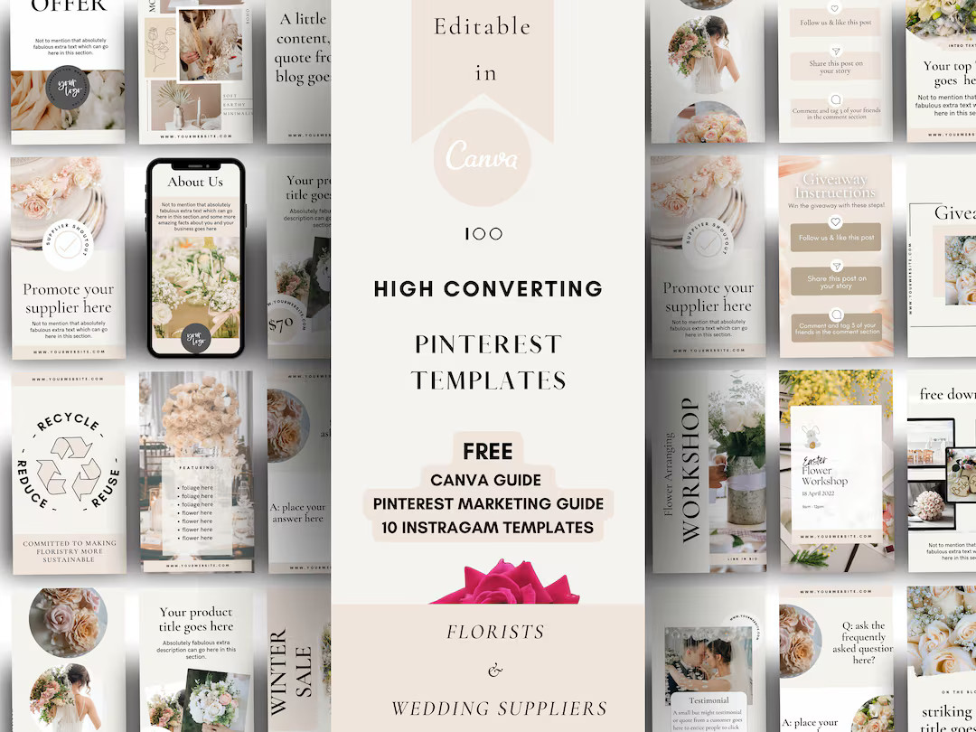 Neutral Pinterest Templates for Canva, Pinterest Template Canva, Wedding Florist, Marketing Small... | Etsy (US)