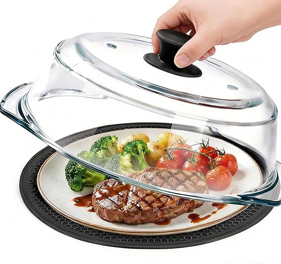 Glass Microwave Splatter Cover for Food with Microwave Place Mat - Sturdy Plate Guard Lid with Ve... | Amazon (US)
