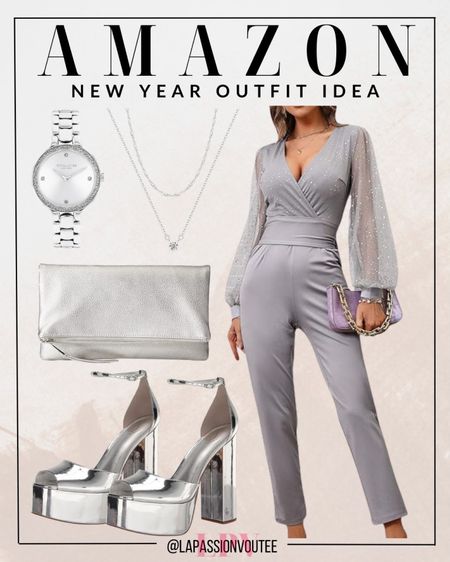 Dazzle the night away in a mesh party jumpsuit paired with a shining stainless steel watch. Complete the look with a stylish foldover clutch, step into elegance with platform sandals, and adorn yourself with a radiant diamond necklace. Elevate your style as you countdown to a sparkling New Year celebration.

#LTKstyletip #LTKSeasonal #LTKHoliday