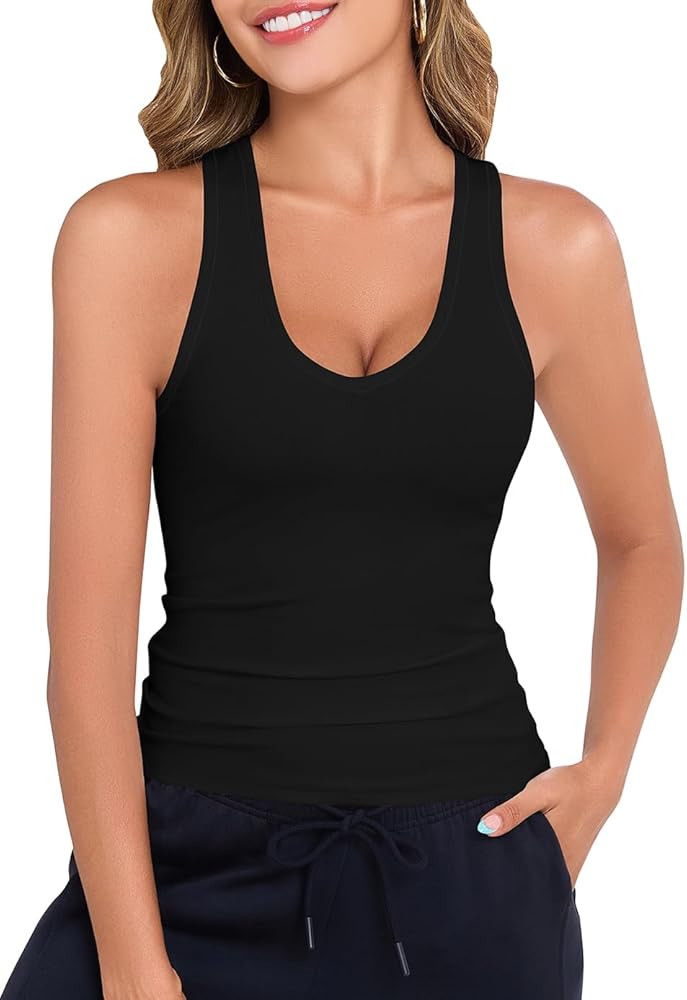 Smile Fish Women Deep V Neck Form Fitting Tank Top Sleeveless Summer Slim Cami Shirts | Amazon (US)