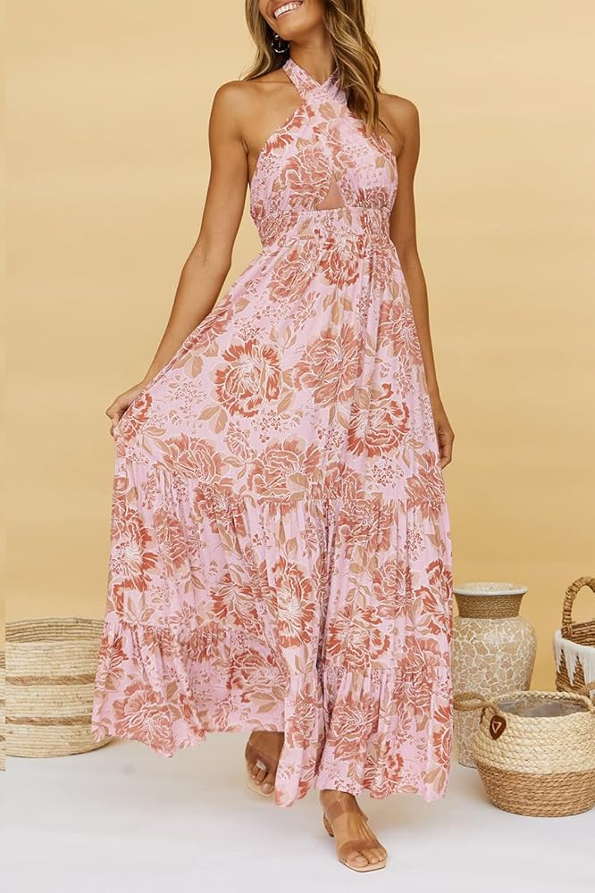 ZESICA Women's Summer Crossover Halter Neck Sleeveless Plaid Cut Out Backless Flowy A Line Maxi Dres | Amazon (US)