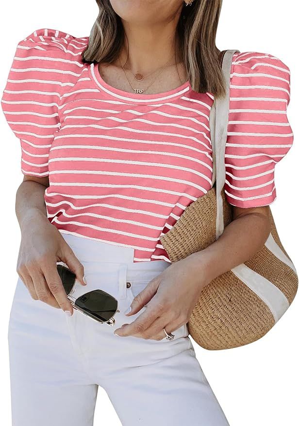 Tankaneo Womens Casual Summer T Shirts Striped Puff Short Sleeve Loose Fit Tunic Top | Amazon (US)