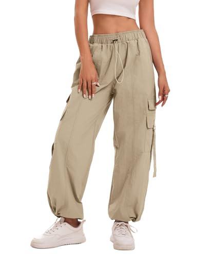 Bakyarder Drawstring Baggy Cargo Joggers Pants Women Baggy, Retro Quick-Dry Pants Y2K Streetwear with Pockets Khaki Large | Amazon (US)