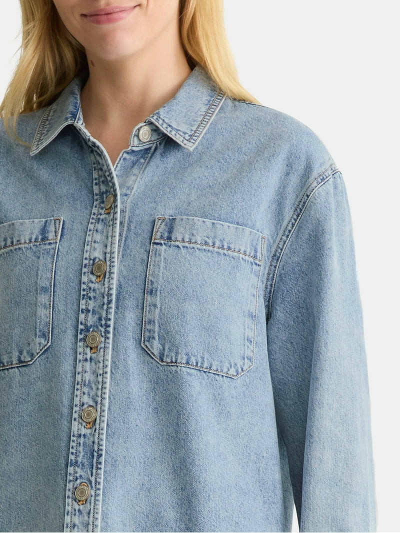 Time and Tru Women's Denim Overshirt with Long Sleeves, Sizes XS-XXXL | Walmart (US)
