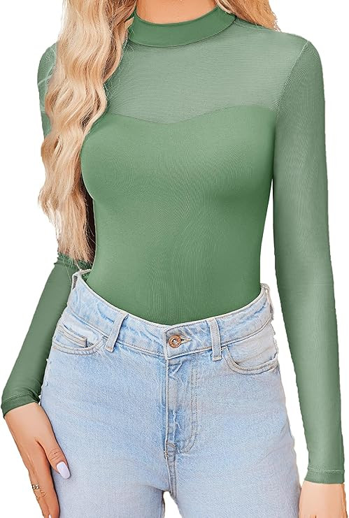 Avidlove Sexy Mock Turtle Neck Sheer Mesh Long Sleeve Bodysuit Shirts Ruched Body Suit Leotard To... | Amazon (US)