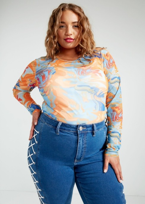 Plus Mesh Swirl Print Bodysuit | rue21