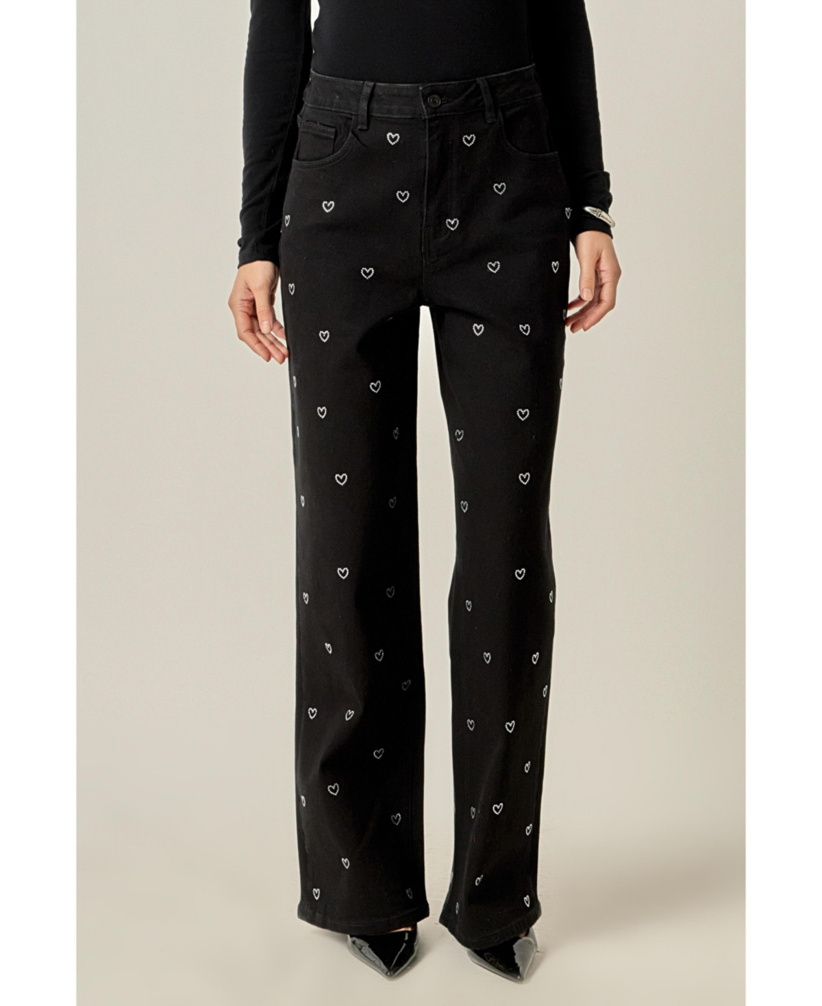 English Factory Women's Rhinestone Heart Jeans - Black denim | Macy's