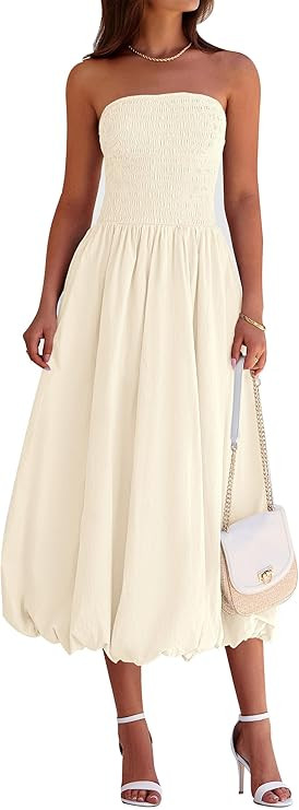 PRETTYGARDEN Women's 2025 Summer Strapless Tube Midi Dress Smocked A Line Bubble Long Flowy Casua... | Amazon (US)