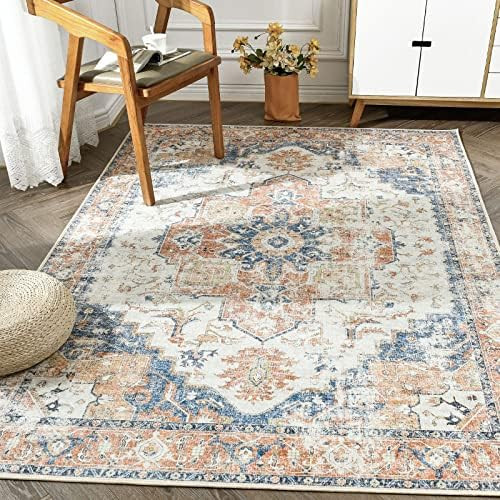 JINCHAN Area Rug 5x7 Persian Rug Vintage Rug Indoor Floor Print Distressed Carpet Orange Multi Thin  | Amazon (US)