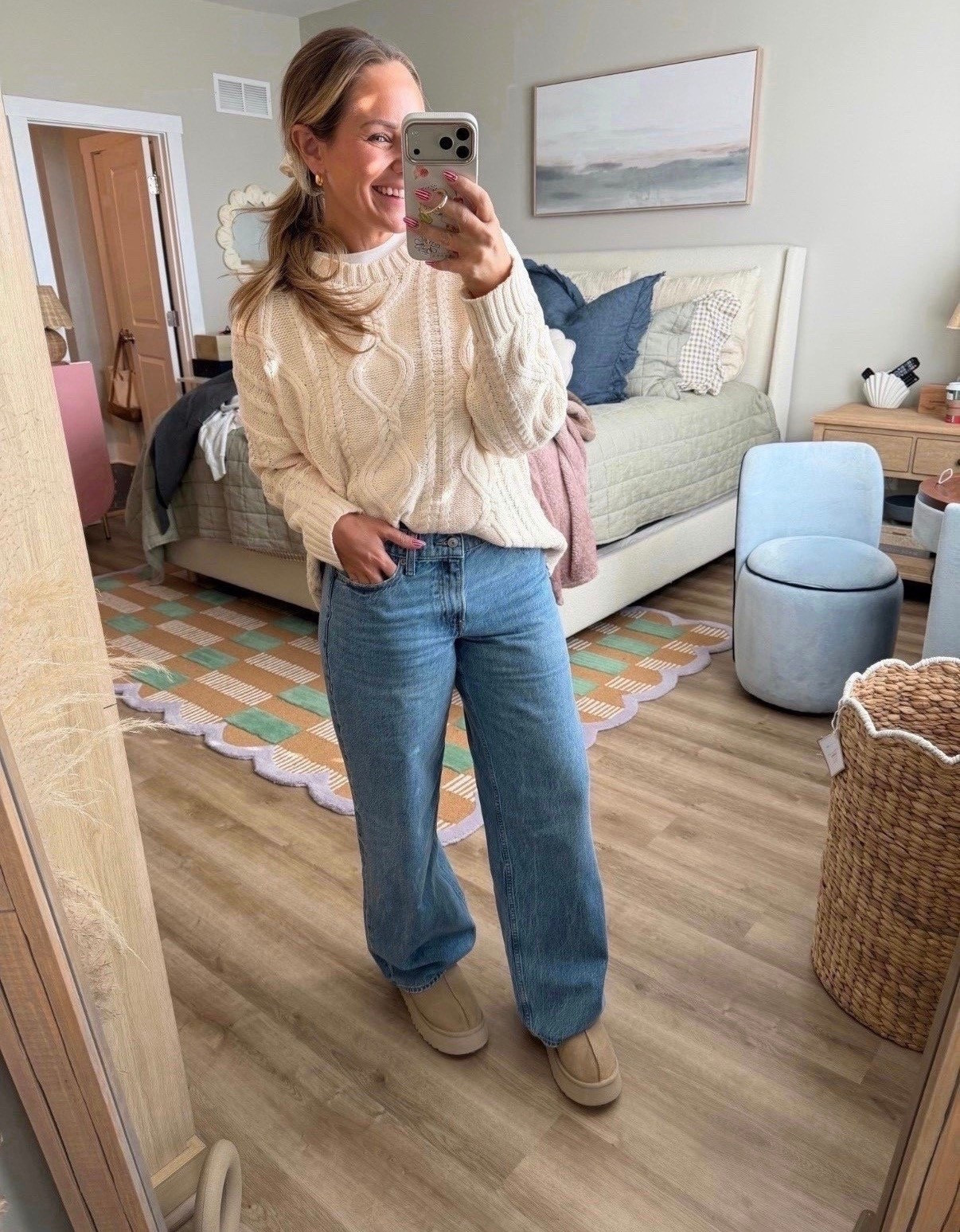 A classic cable-knit sweater + straight-leg denim is always a yes. This sweater is soft without being bulky, easy to half-tuck, and layers perfectly under coats. The jeans have that relaxed, everyday fit that still feels put together — finished with comfy neutral clogs for errands, school drop-off, or casual plans.

cable knit sweater, classic fall outfit, straight leg jeans, everyday denim, casual mom outfit, neutral outfit ideas, cozy winter outfit, petite friendly denim