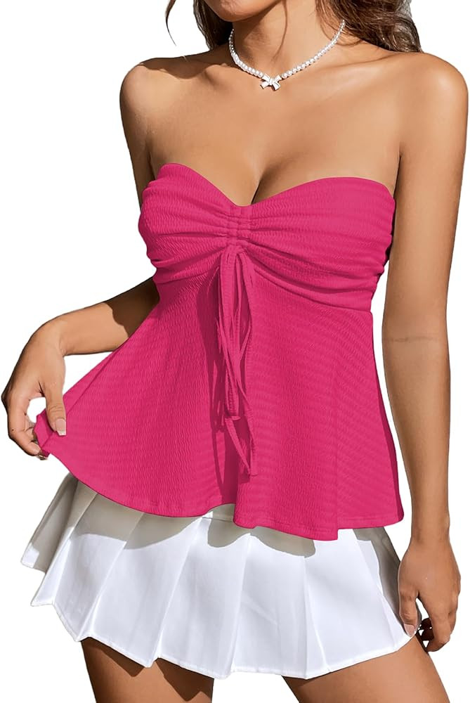 Milumia Women Tie Front Ruched Tube Top Y2k Summer Strapless Peplum Tops | Amazon (US)