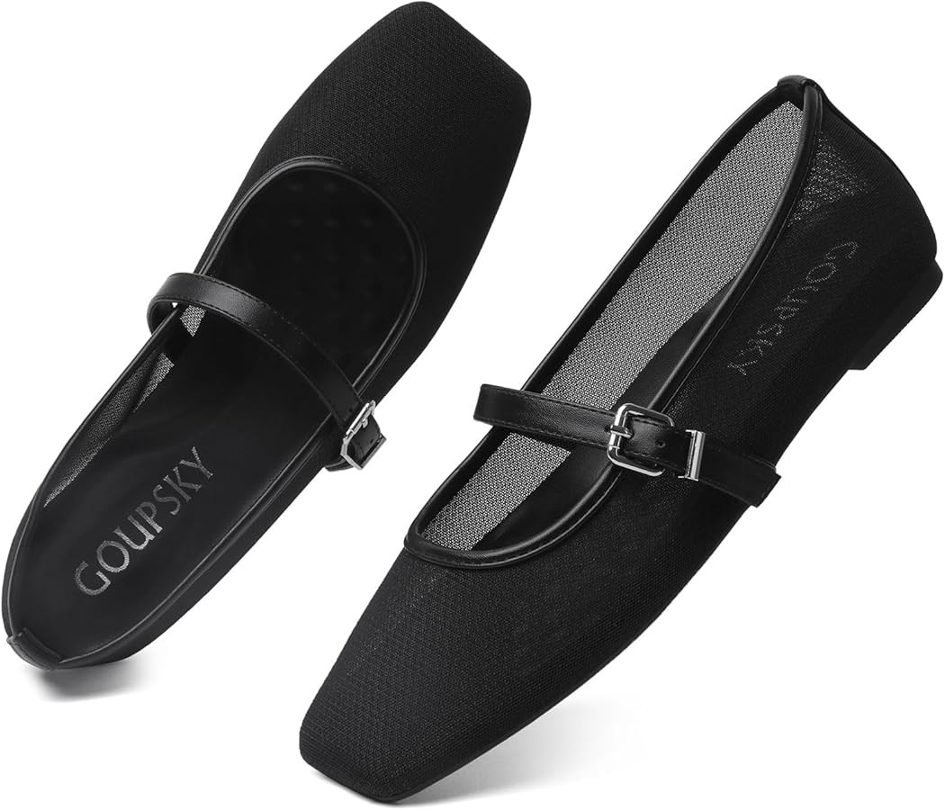 Womens Ballet Flats Closed Square Toe Mary Jane Flats Adjustable Ankle Buckle Dressy Comfortable ... | Amazon (US)