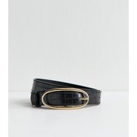 Black Faux Leather Croc Embossed Oval Buckle Belt New Look | New Look (UK)