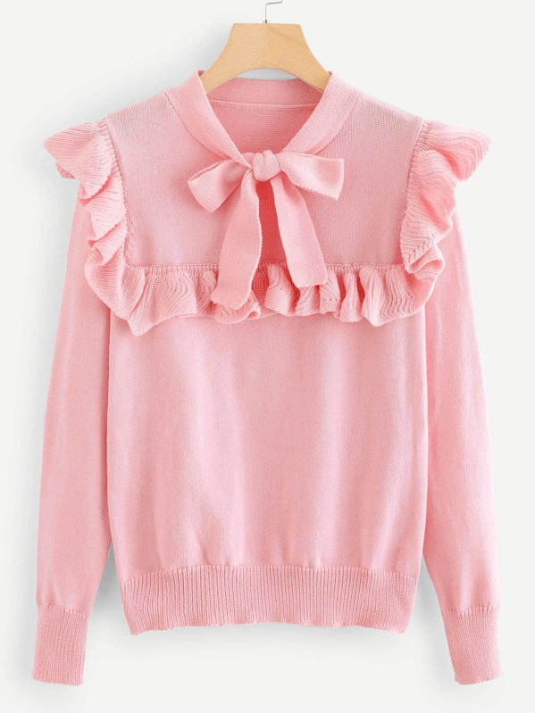 Bow Tie Neck Ruffle Sweater | SHEIN