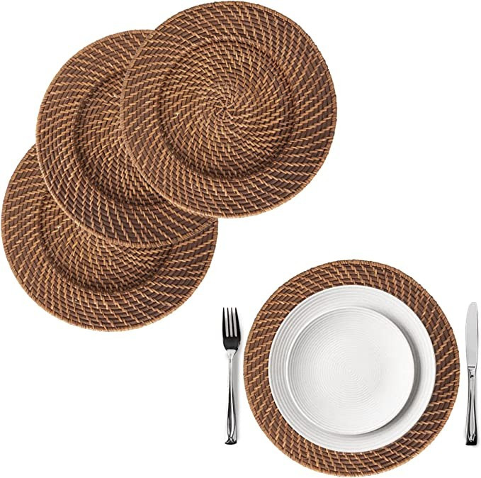 Amazon.com | Premium Rattan Charger Plates for Dinner, Party, Wedding Set of 4 | Woven Rustic Din... | Amazon (US)