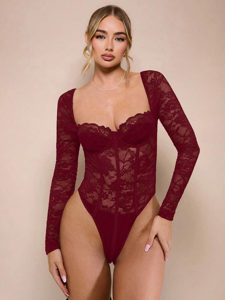 SHEIN BAE 1pc Women's Black Sexy Lace Bodysuit, Alluring Sheer Form-Fitting Long Sleeve Bodysuit,... | SHEIN