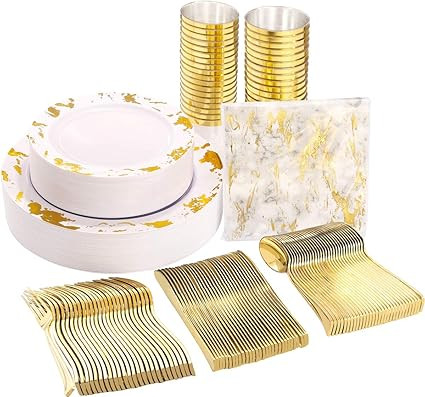 Amazon.com: Nervure 175PCS Gold Plastic Plates with Marble Printing & Gold Plastic Silverware:50 ... | Amazon (US)