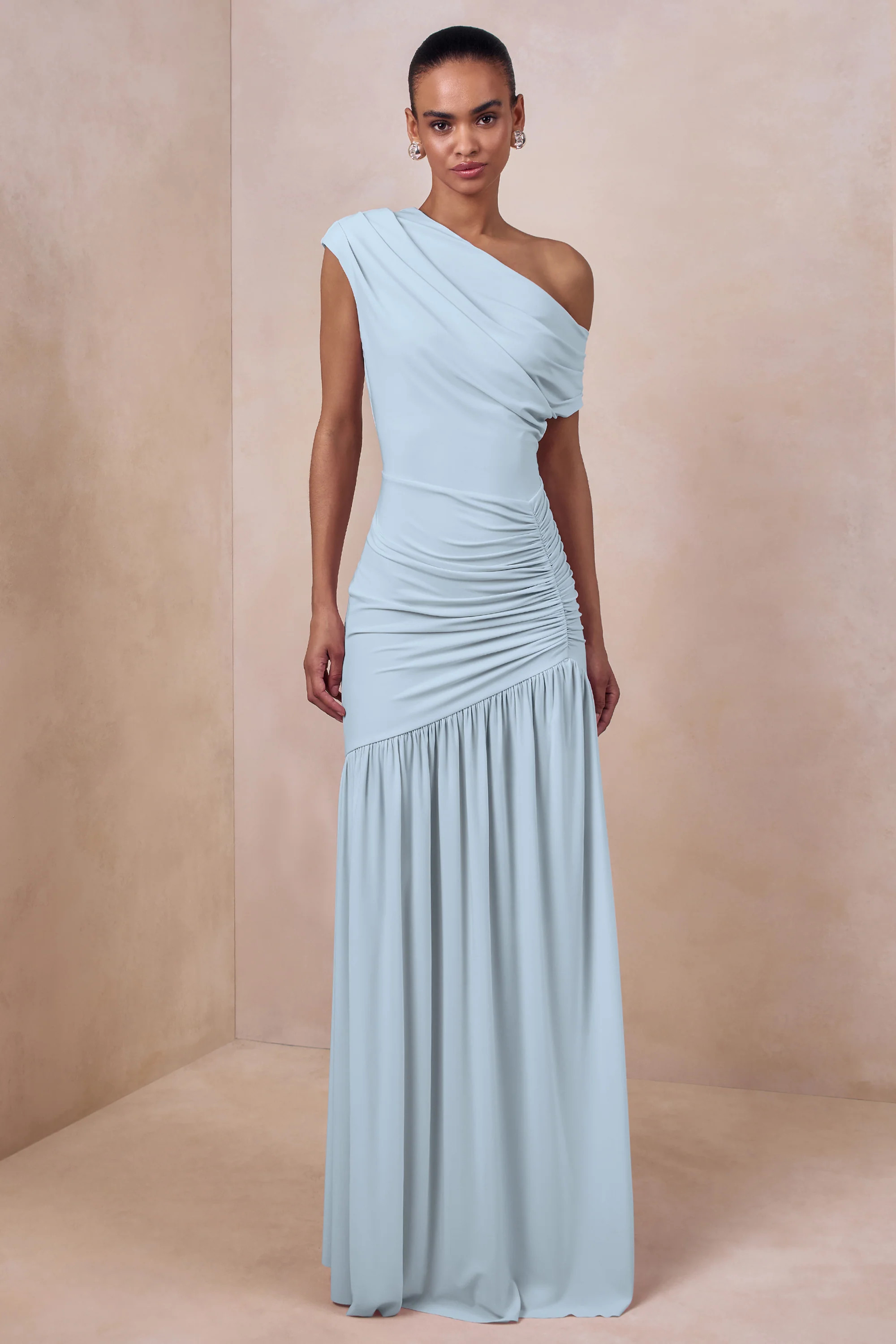 Kady | Powder Blue Asymmetric-Neck Maxi Dress With Ruched Detailing | Club L London