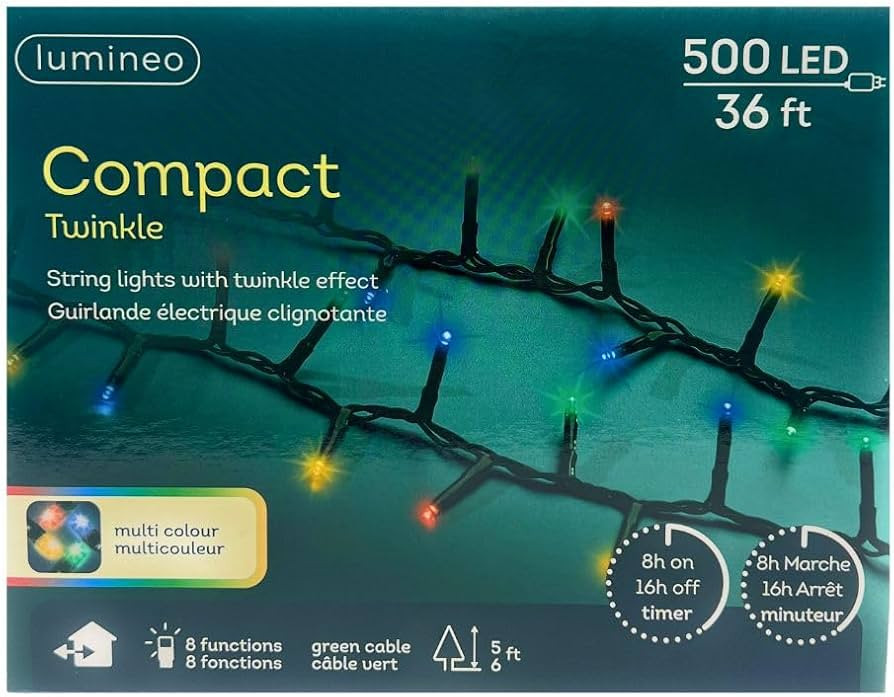 Lumineo 500 LED Multi-Colored Christmas Compact Lights Set, Green Wire 36 Feet | Amazon (US)