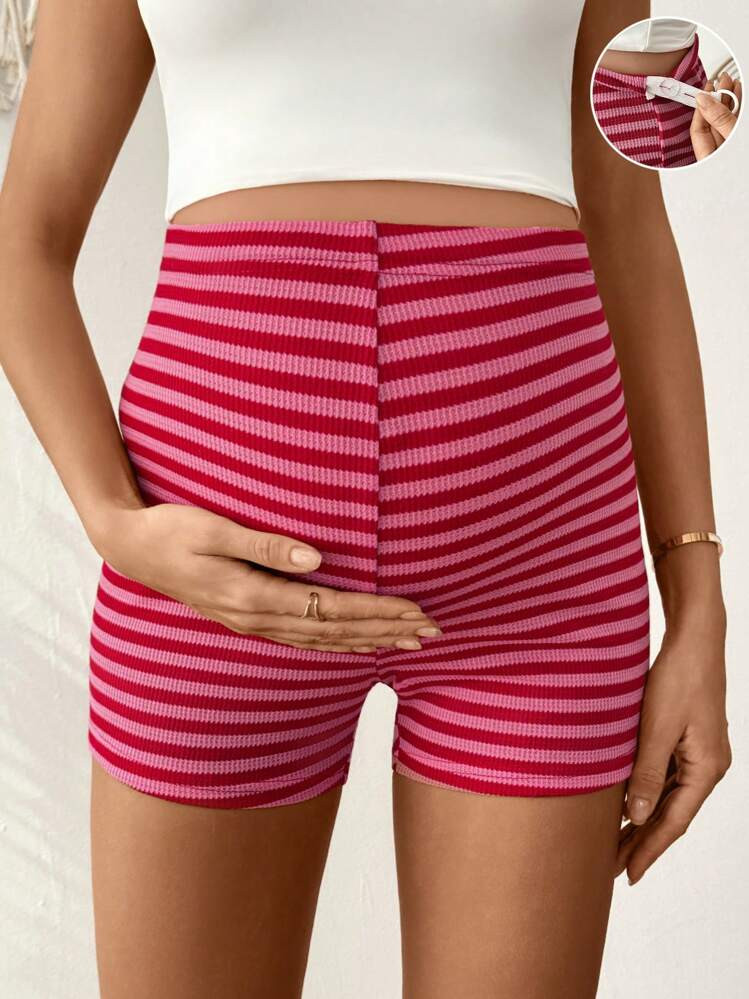 SHEIN Maternity Striped Print Adjustable Waist Summer Casual Shorts | SHEIN