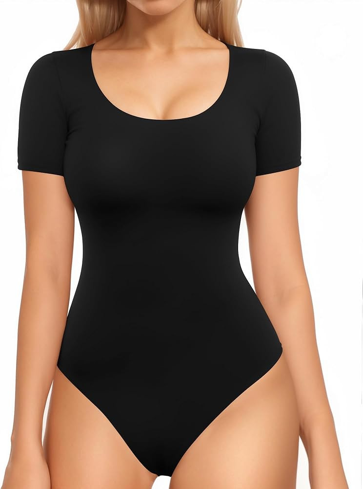 MANGOPOP Double Lined Long Sleeve Bodysuits for Women Scoop Neck Thong Bodysuit Tops Seamless | Amazon (US)