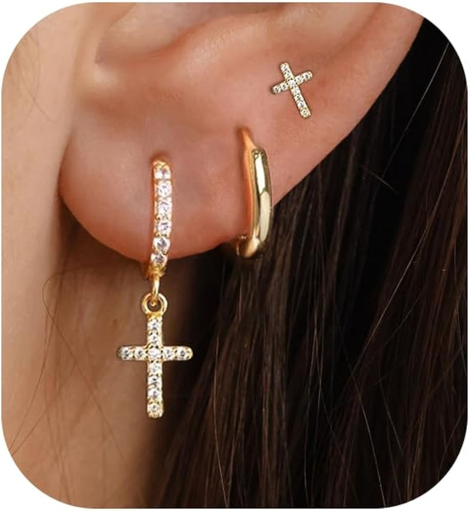 Gold Earrings for Women, 14K Gold Plated Cute Cross Butterfly Star Earring Stacks Dainty Huggie E... | Amazon (US)