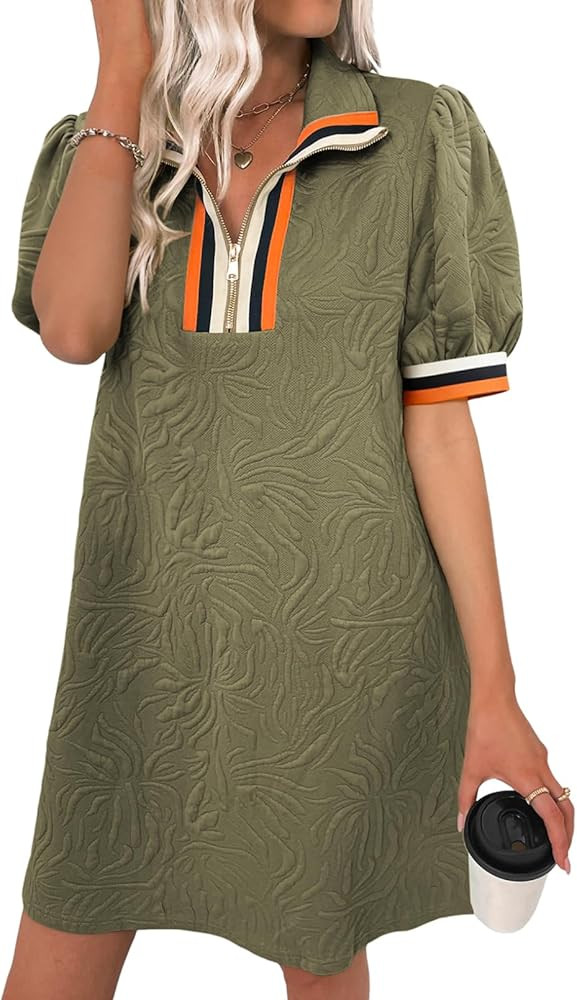 BLENCOT Summer Dresses for Women Casual Half Zip V Neck Short Sleeve Mini Sweatshirt Dress with P... | Amazon (US)