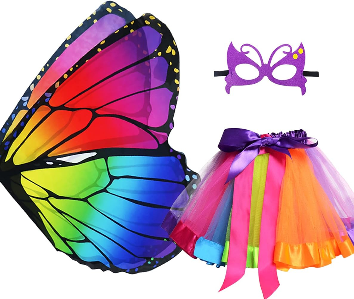 D.Q.Z Kids Fairy Butterfly-Wings Costume for Girls Halloween Butterfly Costumes & Rainbow Tutu Dr... | Amazon (US)