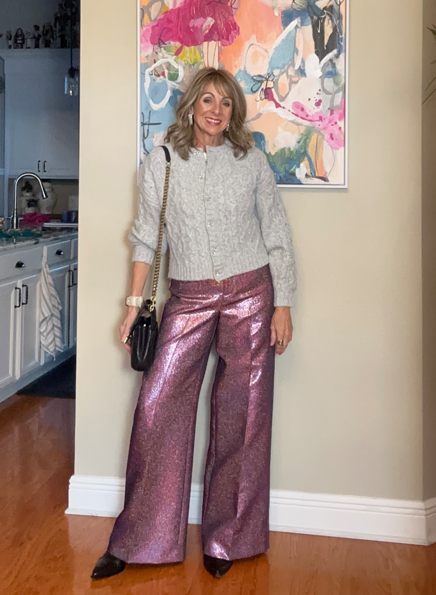 What I wore to a Christmas party with friends. These pants did not disappoint. Lightweight, comfortable and beautiful.
Wearing a size 4. They are high waisted but run TTS

#LTKootd #LTKOver40 #LTKHoliday