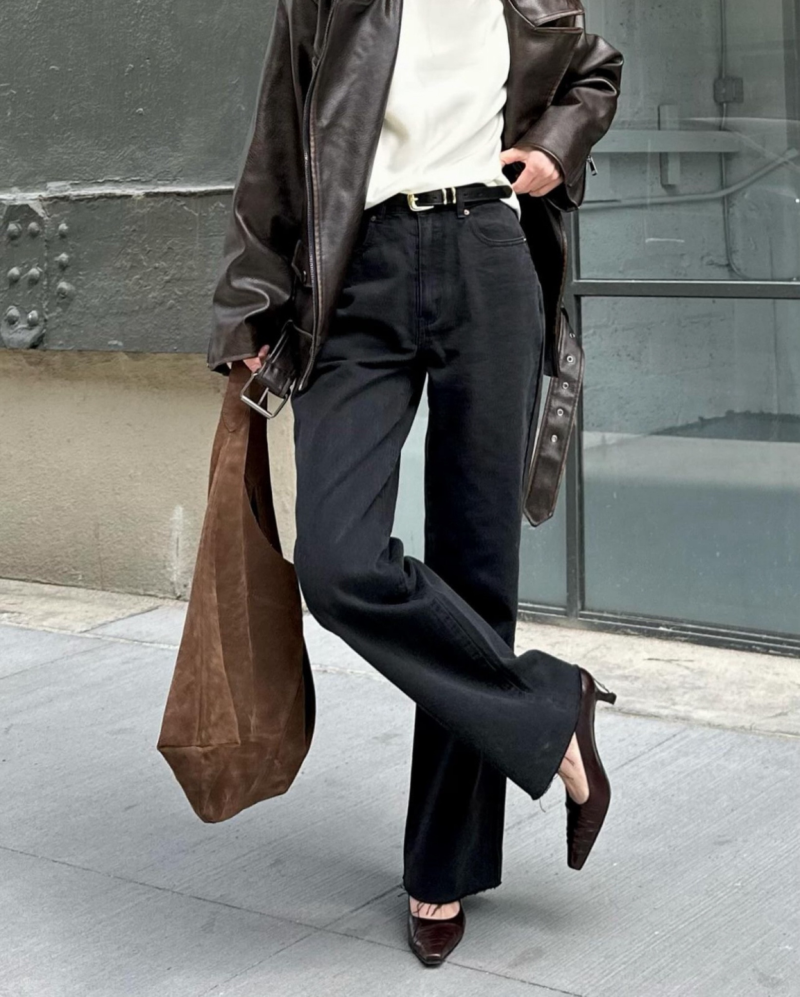 Transitional outfit - leather jacket, suede bag, satin top, denim pants

#LTKFindsUnder100 #LTKItBag