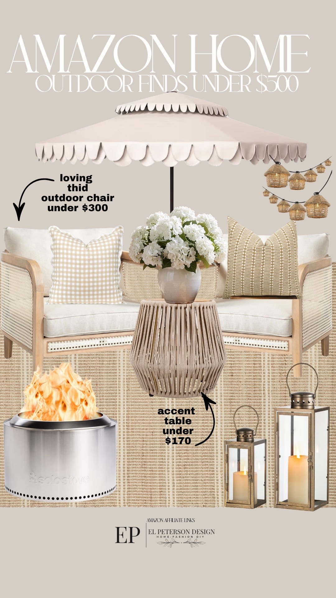 Amazon Outdoor
Floor lanterns
Fire pit
String lights
Pillows
Outdoor chair
Umbrella 

#LTKHome