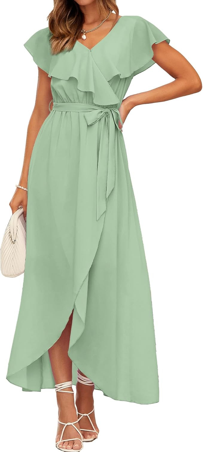 BTFBM Women's Summer Chiffon Maxi Dresses Deep V Neck Ruffle Short Sleeve Beach Party Cocktail Fl... | Amazon (US)