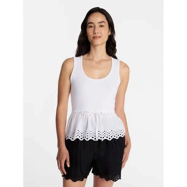 Time and Tru Women's Eyelet Trim Tank Top with Peplum Hem, Sizes XS-XXXL | Walmart (US)