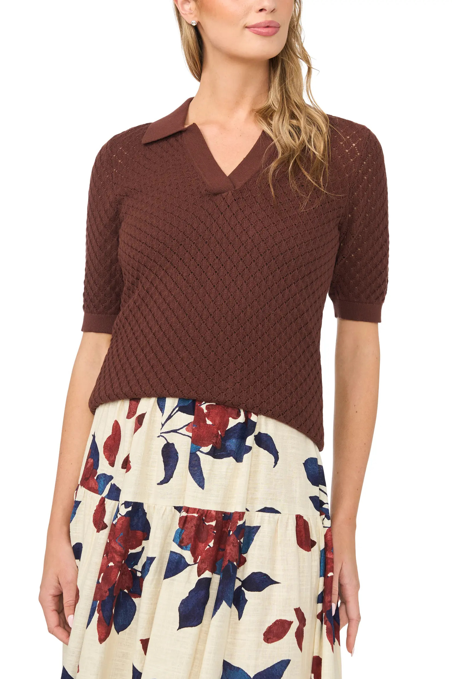 Pointelle Short Sleeve Cotton Polo Sweater (Women) | Nordstrom | Nordstrom