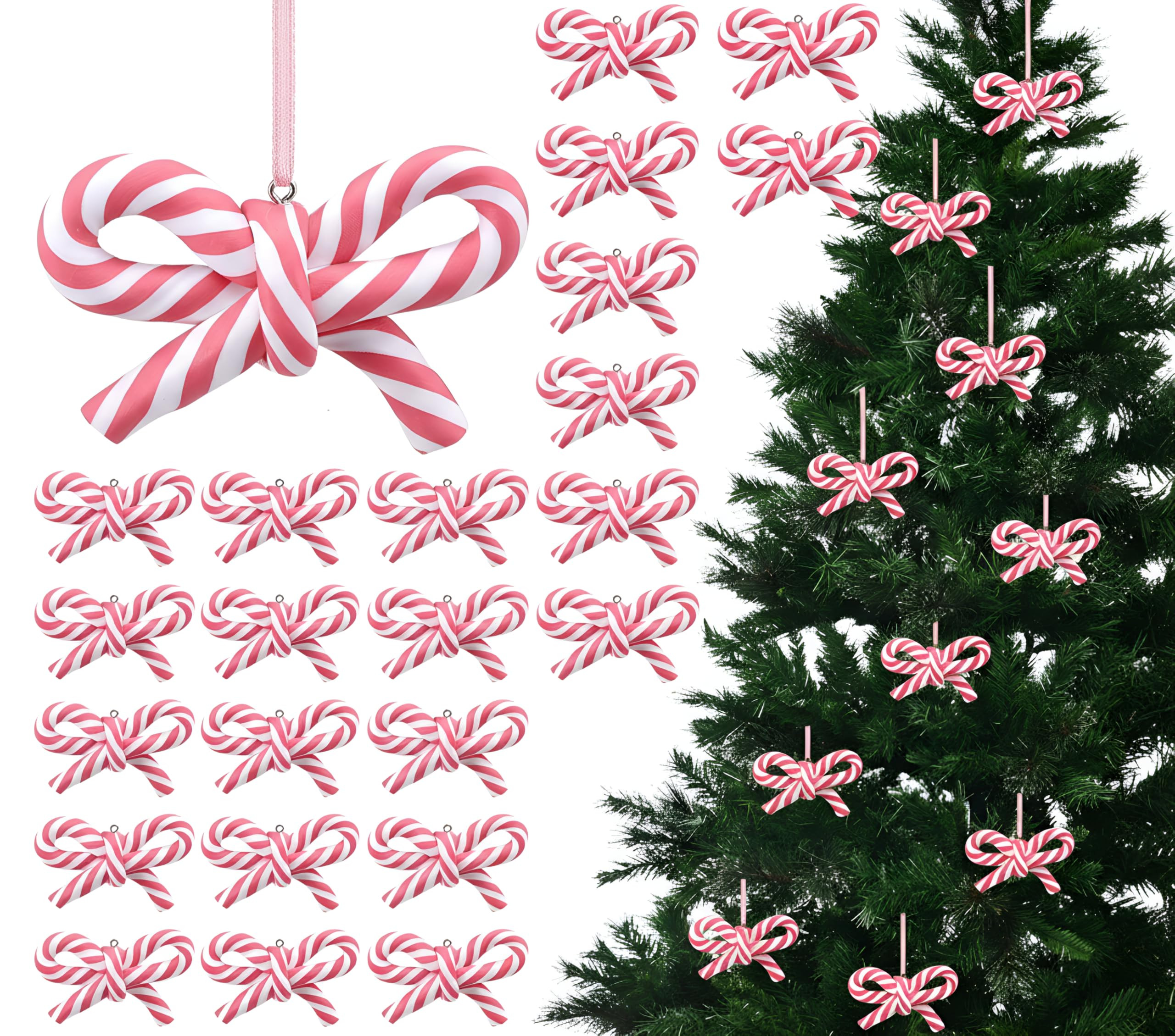 Hungdao 24 Pcs Bow Candy Cane Christmas Ornaments Pink and White Christmas Tree Decoration Stripe... | Amazon (US)