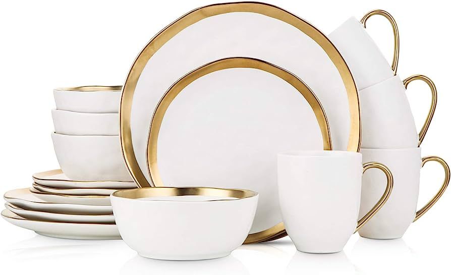 Stone Lain Porcelain (Set of 16 Piece) Dinnerware Set, Service for 4, White and Golden Rim | Amazon (US)