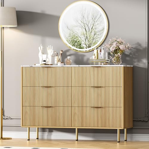 GarveeHome Fluted Wood 6 Drawers Dresser for Bedroom, Large Modern Chest of Drawers, Brown Dresser with Faux Marble Top and Gold Handle, for Living Room, Hallway, Entryway, Natural Oak | Amazon (US)