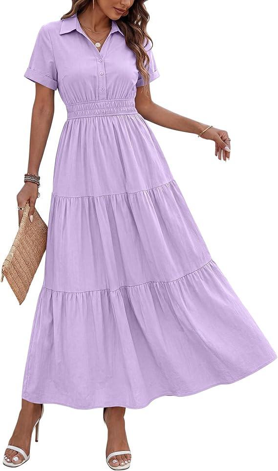 BTFBM Wedding Guest Dresses for Women Beach Fashion Casual Short Sleeve V Neck Solid Spring Summe... | Amazon (US)