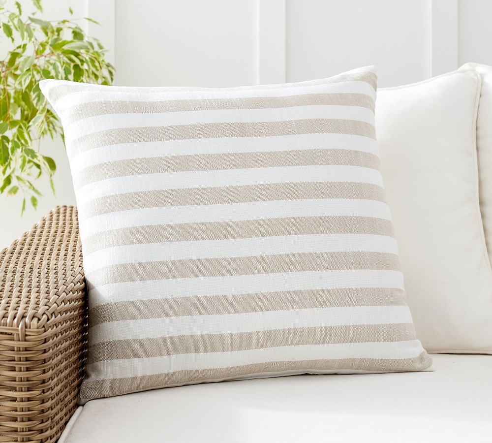 Leandra Striped Reversible Indoor/Outdoor Pillow, 22 x 22&amp;quot;, Stone | Pottery Barn (US)