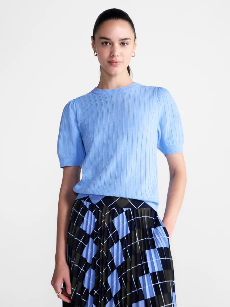 Free Assembly Women\u2019s and Women's Plus Pointelle Sweater with Puff Sleeves, Sizes XS-4X | Walmart (US)