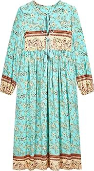 UIMLK Boho Maxi Dresses for Women Casual Summer, Cotton Long Sleeve Floral Print Tassel Bohemian ... | Amazon (US)